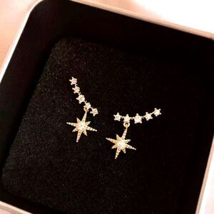 Clear White Baguette Sparkling Star Diamond Earrings 14K Yellow Gold on 925